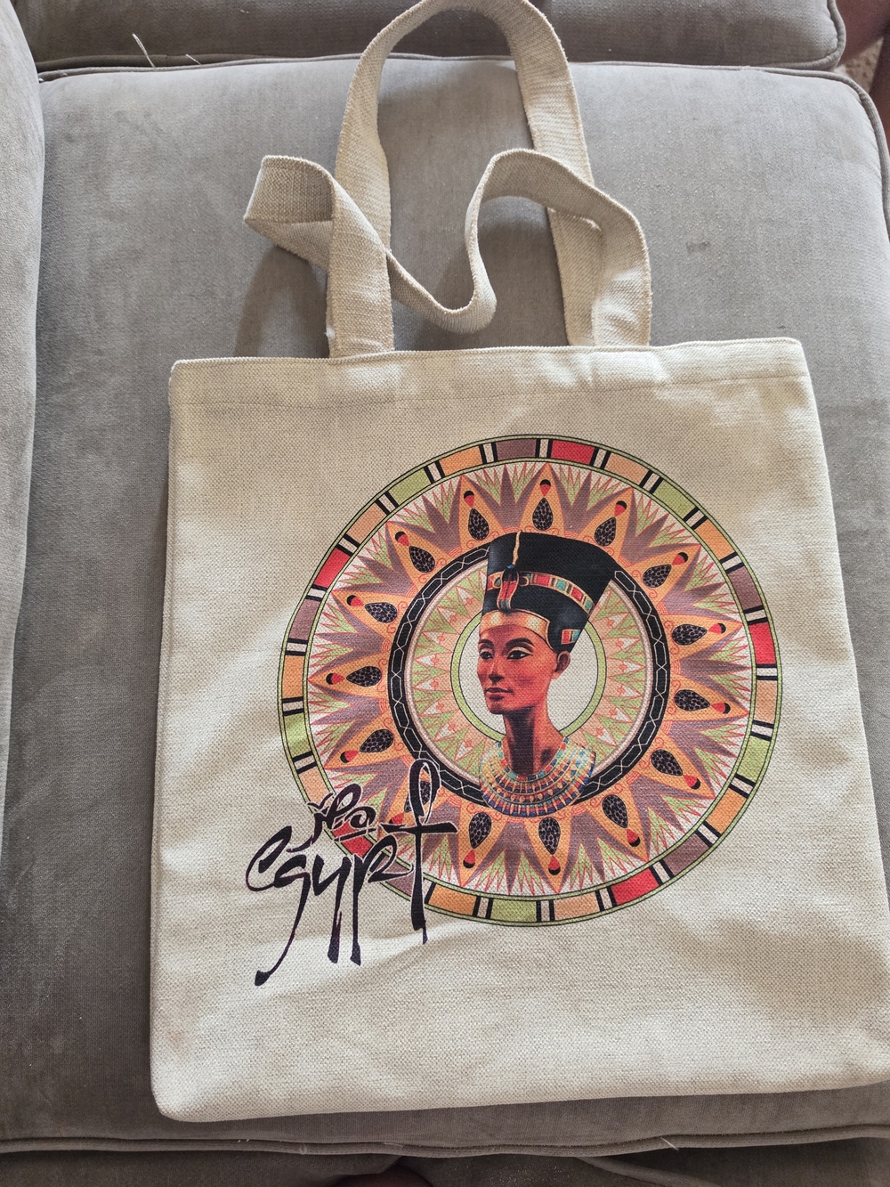 Beige Canvas Tote Bag with Colorful Egyptian Artwork